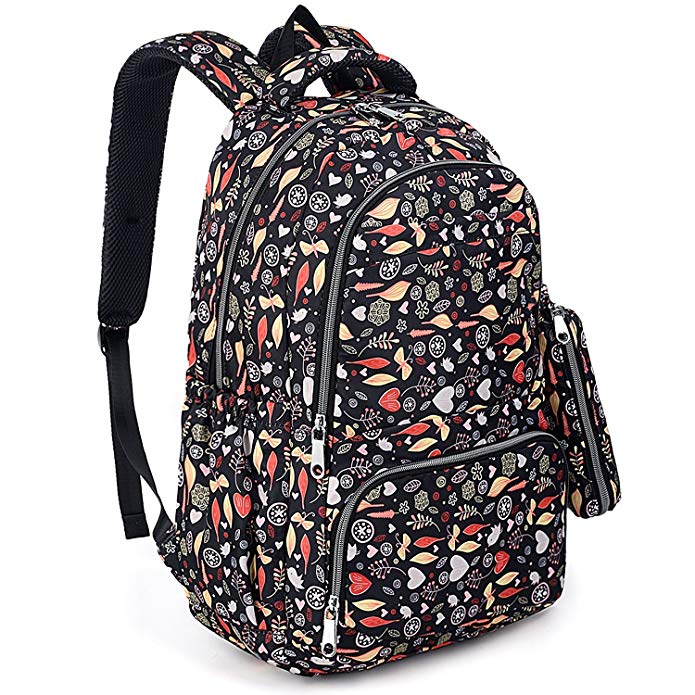 UTO Fashion Backpack Waterproof Nylon Rucksack School College Bookbag Leaves Pattern Shoulder Purse with Pencil Bag