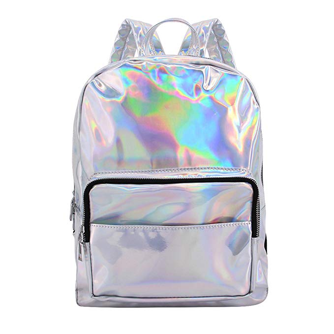 Candice Women Silver Holographic PU Leather Shoulder Bag Satchel Backpack School Bag