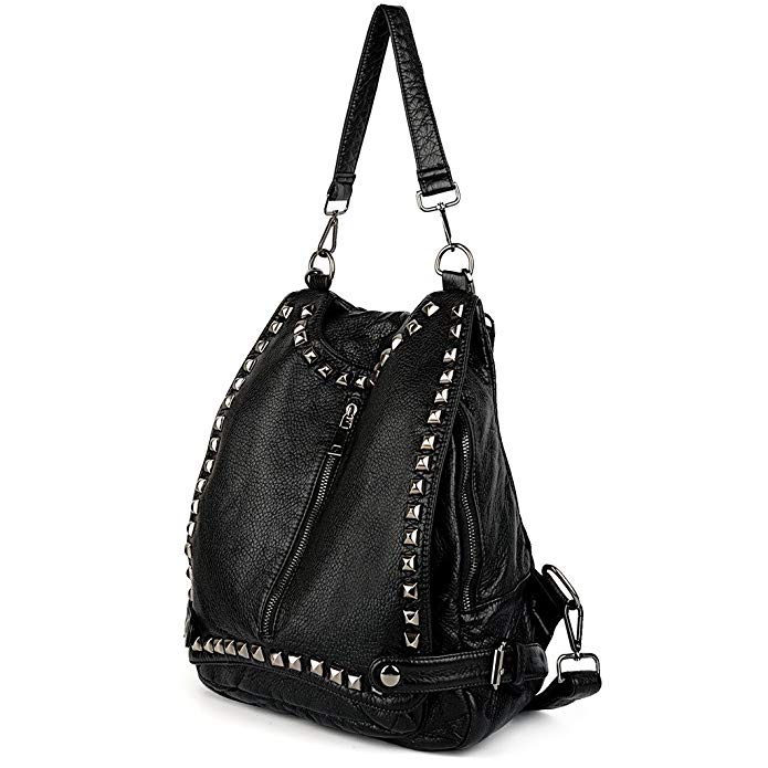 UTO Women Backpack Purse PU Washed Leather Rivet Studded Convertible Ladies Rucksack Shoulder Bag