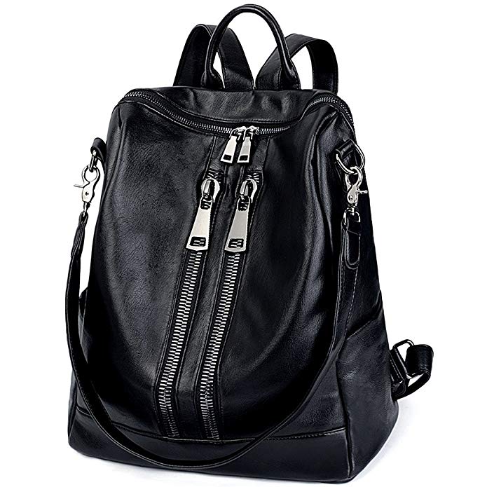 UTO Women Large Size Backpack Purse PU Washed Leather Double Front Zipper Ladies Rucksack Shoulder Bag Black