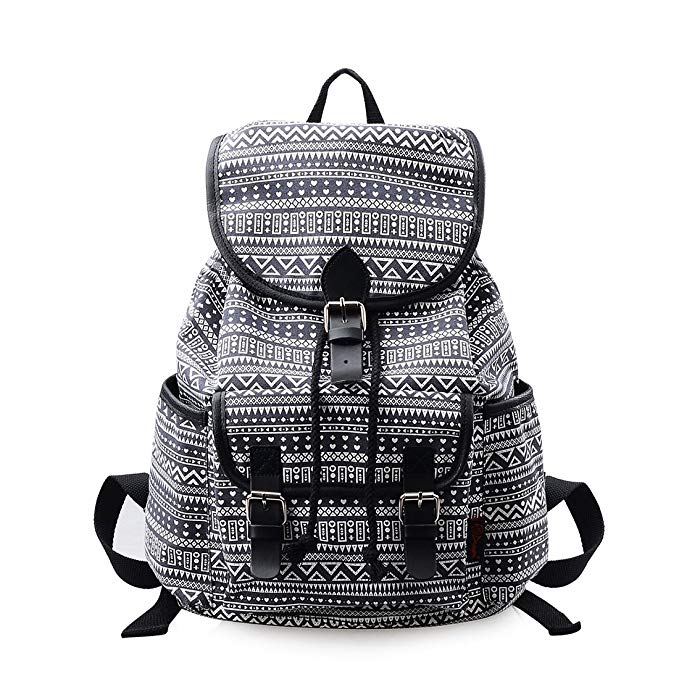 Lt Tribe Womens Canvas Backpack Shoulder Bag Travel College Daypack Black Geometry G00265