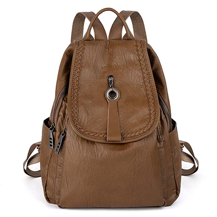 UTO Women Backpack Purse PU Washed Leather Zipper Pockets Ladies Flapover Rucksack Shoulder Bag