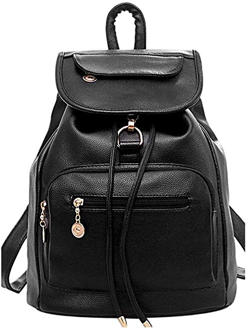 COOFIT Women Black Leather Backpack for Girls Schoolbag Casual Daypack