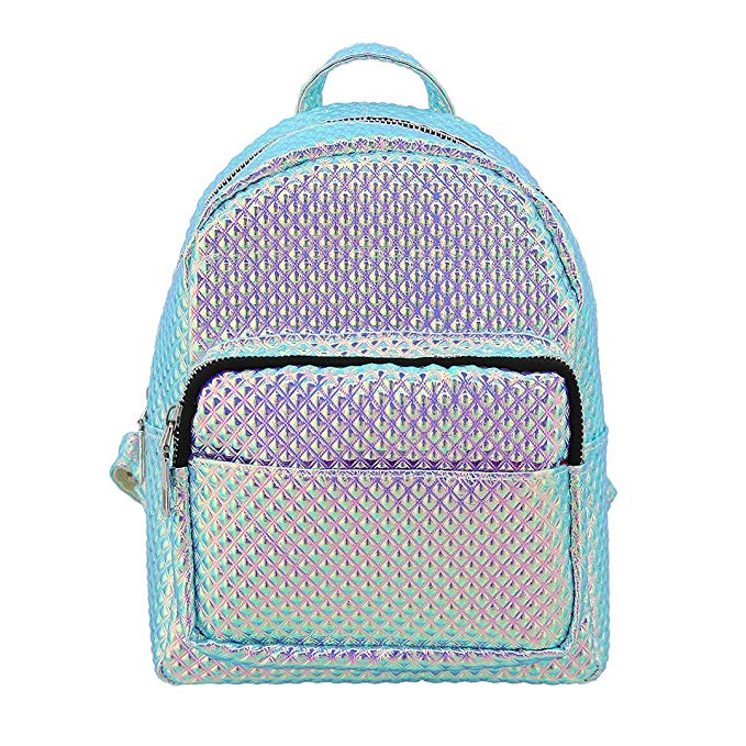 Candice Women Shiny Hologram Holographic PU Leather Shoulder Bag Satchel Small Backpack Knapsack