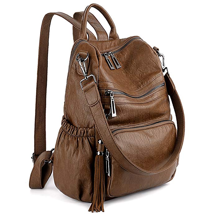 UTO Women Backpack Purse PU Washed Leather Convertible Ladies Rucksack Tassel Zipper Pocket Crossbody Shoulder Bag