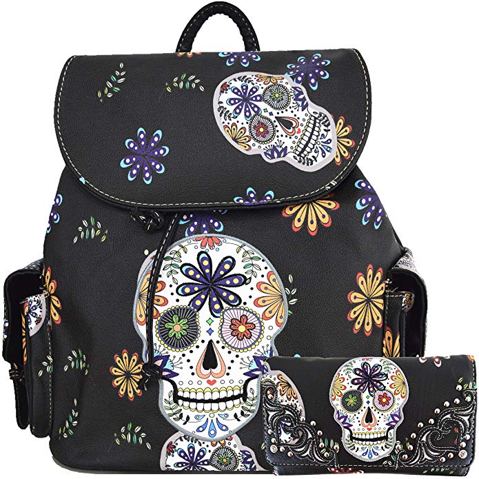 Sugar Skull Day of the Dead Daypack Concealed Carry Backpack Fashion Women Travel Biker Purse Wallet Set