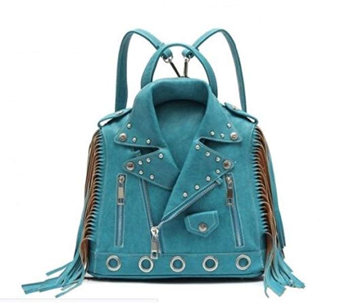 Western Fashion Motorcycle Jacket Fringe Backpack Purse Turquoise