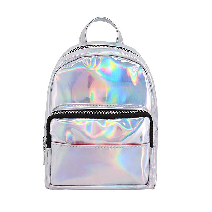 Candice Women Hologram Holographic PU Leather Shoulder Bag Satchel Small Backpack Knapsack