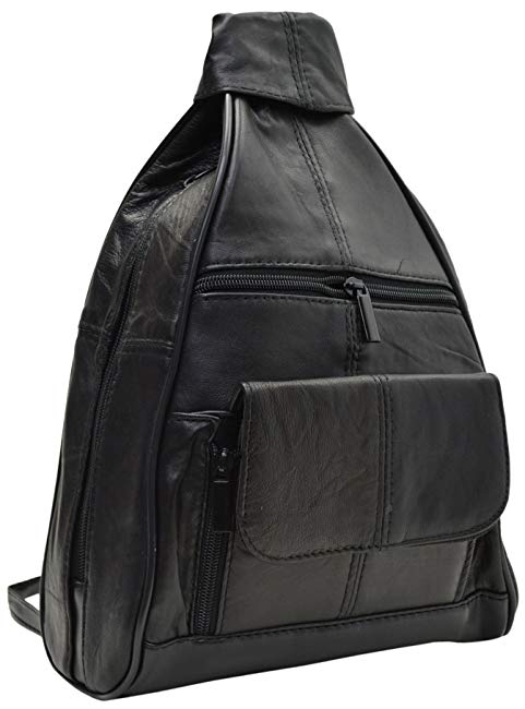 Women's Genuine Leather Zippered Backpack Style Purse Black New (128-Y-13)