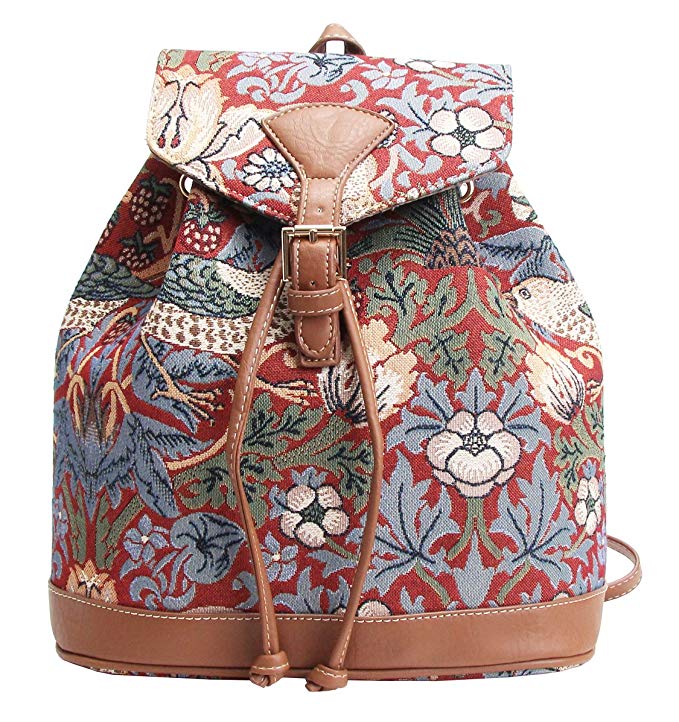 William Morris Strawberry Thief Tapestry Flap Buckle Pull String Backpack by Signare